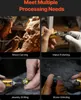A collage of four images showing a rotary tool being used for wood carving, metal polishing, jewelry drilling, and stone grinding. Voir les images du produit