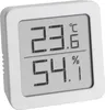 A white digital thermometer and hygrometer with a gray screen displaying temperature and humidity readings. Anteprima dell’immagine prodotto