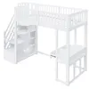 A white loft bed with stairs and storage shelves. Voir les images du produit