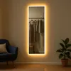 A full-length mirror with LED lighting is shown in a room with a chair and a plant. Produktbild-Vorschau