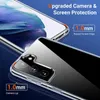 A clear phone case is shown on a blue background, highlighting its protective features. Produktbild-Vorschau