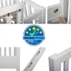 Collage of close-up shots of a white baby crib, showing construction details and a product certification badge. Produktbild-Vorschau