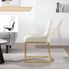A beige upholstered chair with a gold metal frame is shown in a room setting, with graphics illustrating ergonomic design. Produktbild-Vorschau