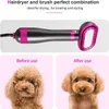 A product image showing a hairdryer brush for pets, with before and after photos of a dog. Produktbild-Vorschau