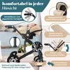 A baby stroller with a baby in it, shown with various features highlighted by text and diagrams. Produktbild-Vorschau