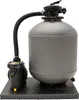 A sand filter system for a pool, consisting of a pump and a large filter tank, mounted on a black base. Produktbild-Vorschau