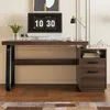 A dark brown wooden desk with a computer, lamp, and filing cabinet. Podgląd zdjęcia produktu
