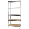 A metal shelving unit with wooden shelves, shown against a white background. Podgląd zdjęcia produktu