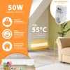 A marketing image showing a white baseboard heater with text overlays highlighting its features, a timer plug, and a room setting. Produktbild-Vorschau