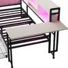 A close-up view of a metal bed frame with a desk attachment and LED lighting. Produktbild-Vorschau