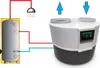 Diagram showing a water heater connected to a shower and a heat pump. Produktbild-Vorschau