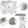 A collage of images showing a white kitchen island with a brown countertop, including detailed dimensions and close-ups of drawers and shelves. Anteprima dell’immagine prodotto