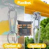 A split image showing two different mounting options for a baby swing. The left side shows a swing attached to a ceiling mount, and the right side shows a swing attached to a yellow bar. Both options are labeled 'Option A' and 'Option B'. The brand name 'F Produktbild-Vorschau