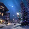 A snowy street decorated for Christmas with illuminated trees and buildings. Anteprima dell’immagine prodotto