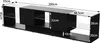 A 3D rendering of a black TV stand with glass shelves and dimensions indicated by white text and arrows. Produktbild-Vorschau