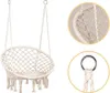 A macrame hanging chair with close-up details of the weave and the metal ring attachment. Náhled obrázku produktu