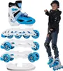 A boy wearing inline skates and protective gear, with different skate components displayed separately. Produktbild-Vorschau