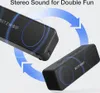 Two black Bluetooth speakers are shown with blue sound wave graphics and arrows indicating stereo sound. Produktbild-Vorschau