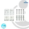 A set of mirror clips, screws, and wall plugs, along with a brand logo and a circular graphic. Produktbild-Vorschau