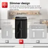 Comparison of different air fryer models and their capacities, with marketing text highlighting a "slimmer design". Náhľad obrázku produktu