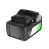 A black power tool battery pack with green and white labels indicating voltage and capacity. Produktbild-Vorschau