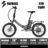 A black Fafrees F20 Light electric bicycle is shown against a white background, with text overlays detailing its features. Náhled obrázku produktu