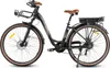 A black electric bicycle with brown accents is shown against a white background. Produktbild-Vorschau