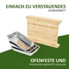 A wooden cutting board and a stack of stainless steel trays are shown against a white and green background. Produktbild-Vorschau