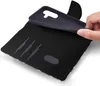 A hand is shown inserting a phone into a black flip case with card slots. Produktbild-Vorschau