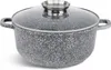 A close-up studio shot of a speckled gray pot with a clear glass lid and silver handles. Produktbild-Vorschau