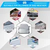 A collage of images showing a car windshield cover protecting against various weather conditions and elements. Produktbild-Vorschau