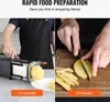 A split image showing a potato cutter in action on the left and a person manually cutting potatoes on the right, with text overlays indicating time savings. Produktbild-Vorschau