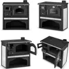 A collage of four images showing different views of a black wood-burning stove. Náhľad obrázku produktu