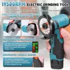 A hand holding a cordless angle grinder with various feature callouts. Produktbild-Vorschau