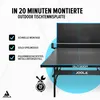 A close-up view of an outdoor table tennis table, with marketing text and icons highlighting its features. Produktbild-Vorschau