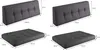 A collage of four images showing different sizes of upholstered headboards and seat cushions, with dimensions indicated. Produktbild-Vorschau
