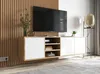A modern media console with a television mounted above it, set against a slatted wooden wall. Podgląd zdjęcia produktu