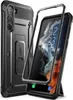 A black smartphone case with a kickstand is shown next to a smartphone with a protective frame. Produktbild-Vorschau