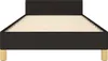 A black fabric bed frame with a headboard and wooden legs, shown from the front on a white background. Náhled obrázku produktu