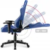 A blue and white gaming chair with its backrest shown in various reclining positions, indicating adjustable angles from 90 to 180 degrees. Anteprima dell’immagine prodotto