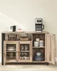 A wooden buffet cabinet with various items displayed on and inside it. Náhled obrázku produktu
