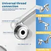 Close-up of a faucet adapter with labels and examples of its use on different faucets. Produktbild-Vorschau