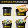 A four-panel image showing the steps to use a yellow trash bag in a black bin. Produktbild-Vorschau