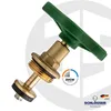 A close-up studio shot of a brass valve component with a green handle, set against a light gray and white background with subtle watermarks. Náhled obrázku produktu