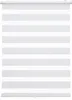 A white roller blind with horizontal stripes of white and light gray, mounted on a white roller mechanism at the top and a white bar at the bottom. Produktbild-Vorschau