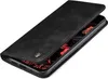 A black flip case for a smartphone is shown from a diagonal angle, with the front cover partially open. Produktbild-Vorschau