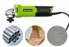 An angle grinder with three circular insets showing materials it can be used on: metal pipes, wood flooring, and concrete. Produktbild-Vorschau