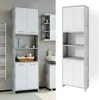 A tall, narrow bathroom cabinet with white doors and gray concrete-effect sides, shown in a bathroom setting and as a standalone product. Produktbild-Vorschau