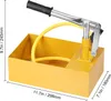 A yellow hydrostatic test pump with a black handle and a yellow hose is shown against a white background. Dimensions are indicated by white text and lines. Produktbild-Vorschau