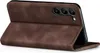 A brown flip cover case for a smartphone is shown from a diagonal angle. Produktbild-Vorschau